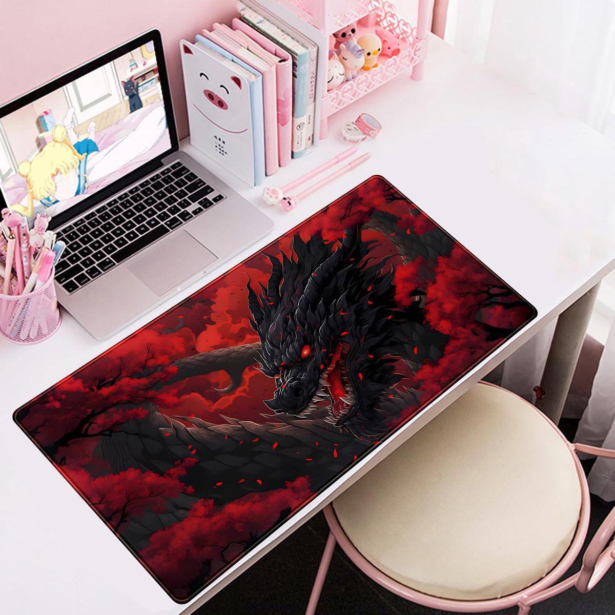 Huge Dragon Large Mouse Pad - Red and Black Mousepad, Big Full Keyboard and Mouse Pad with Stitched