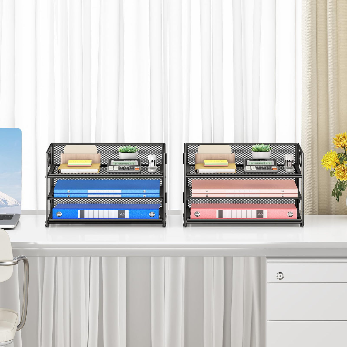 Subekyu 2-Pack 3-Tier Paper Letter Tray Organizer for Desk, Black Metal Mesh File Sorter Organizer