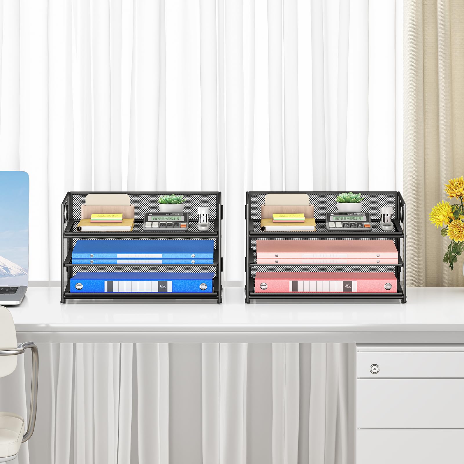 Subekyu 2-Pack 3-Tier Paper Letter Tray Organizer for Desk, Black Metal Mesh File Sorter Organizer