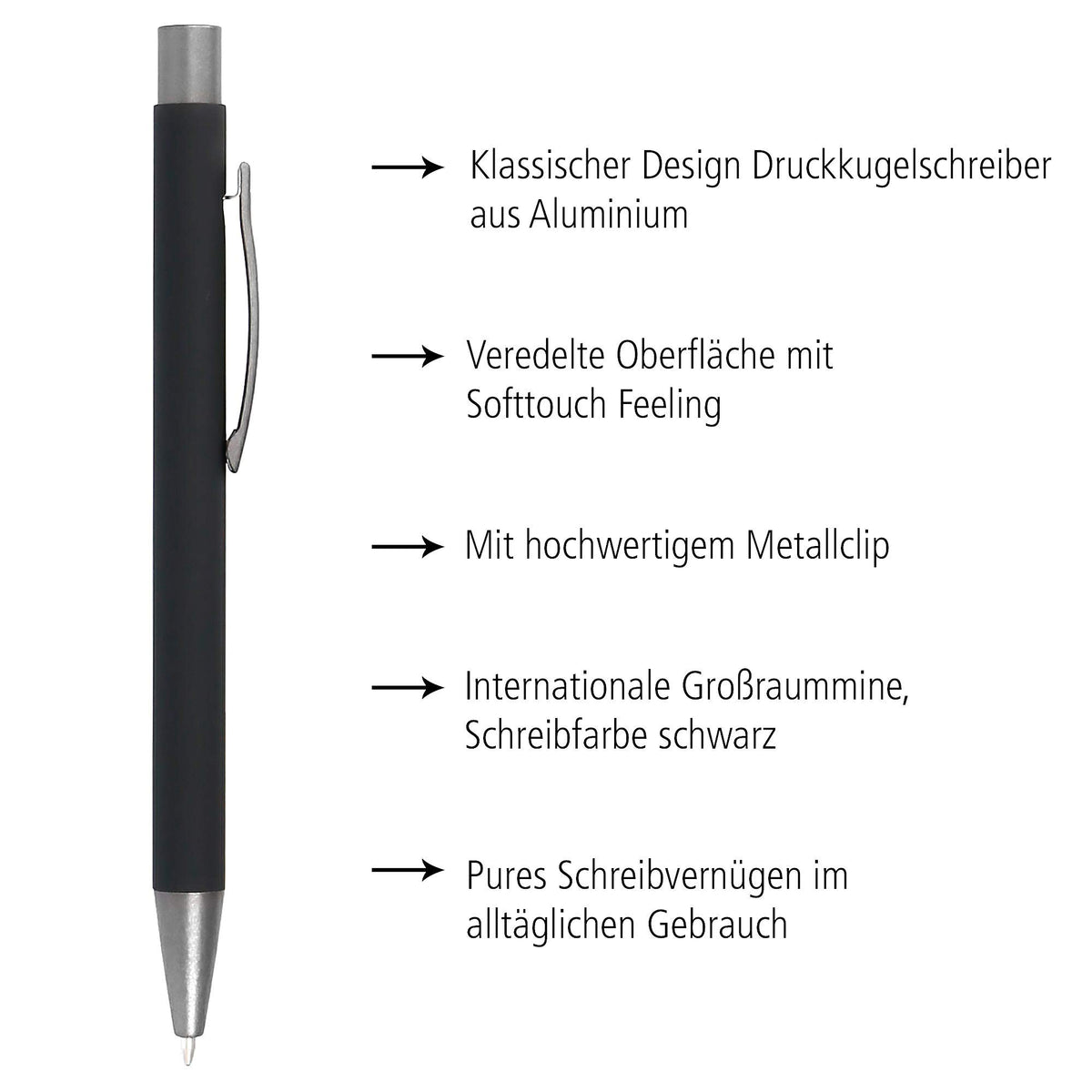 Online Soft Metal ballpoint pen, Pure Black, retractable ball pen, aluminum, replaceable refill