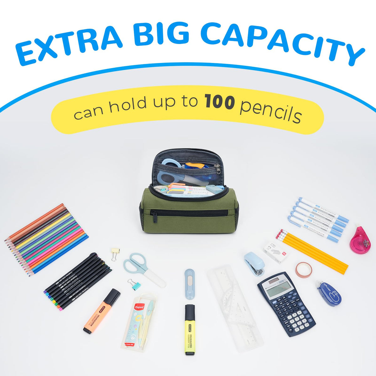 ECHSRT Large Pencil Case Organizer, Big Capacity U-Shaped Pen Pouch, Green