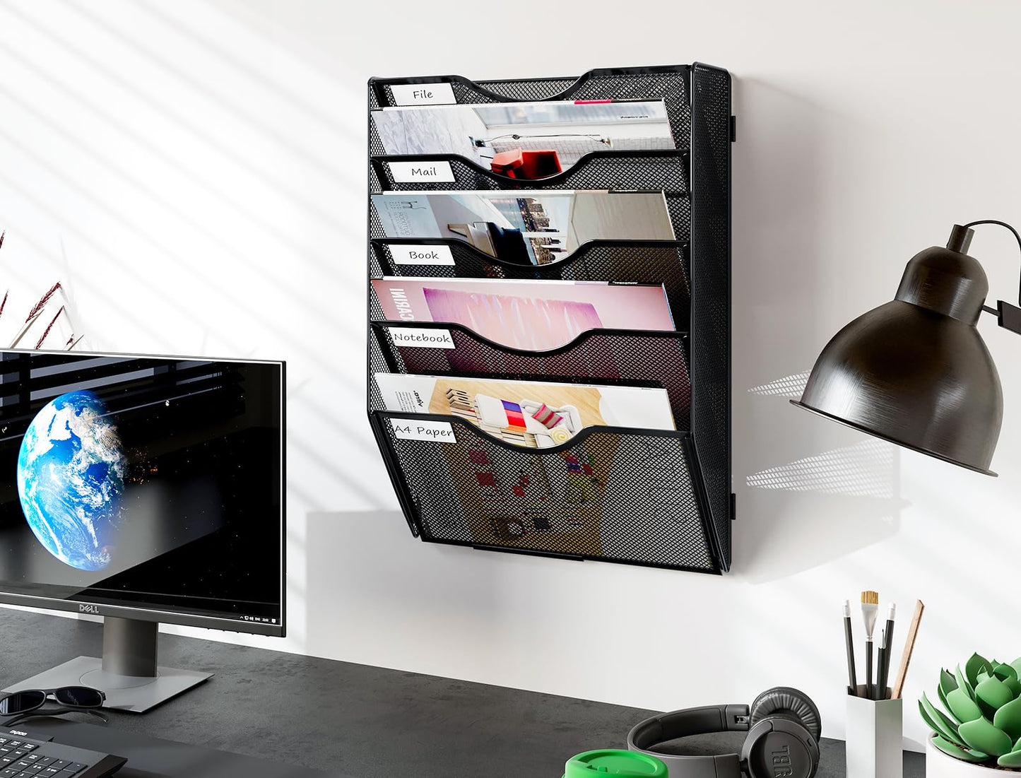 PAG-Mass Hanging Wall File Holder, 5 Tier Mail Sorter for Wall, Mesh Office Wall Organizer for