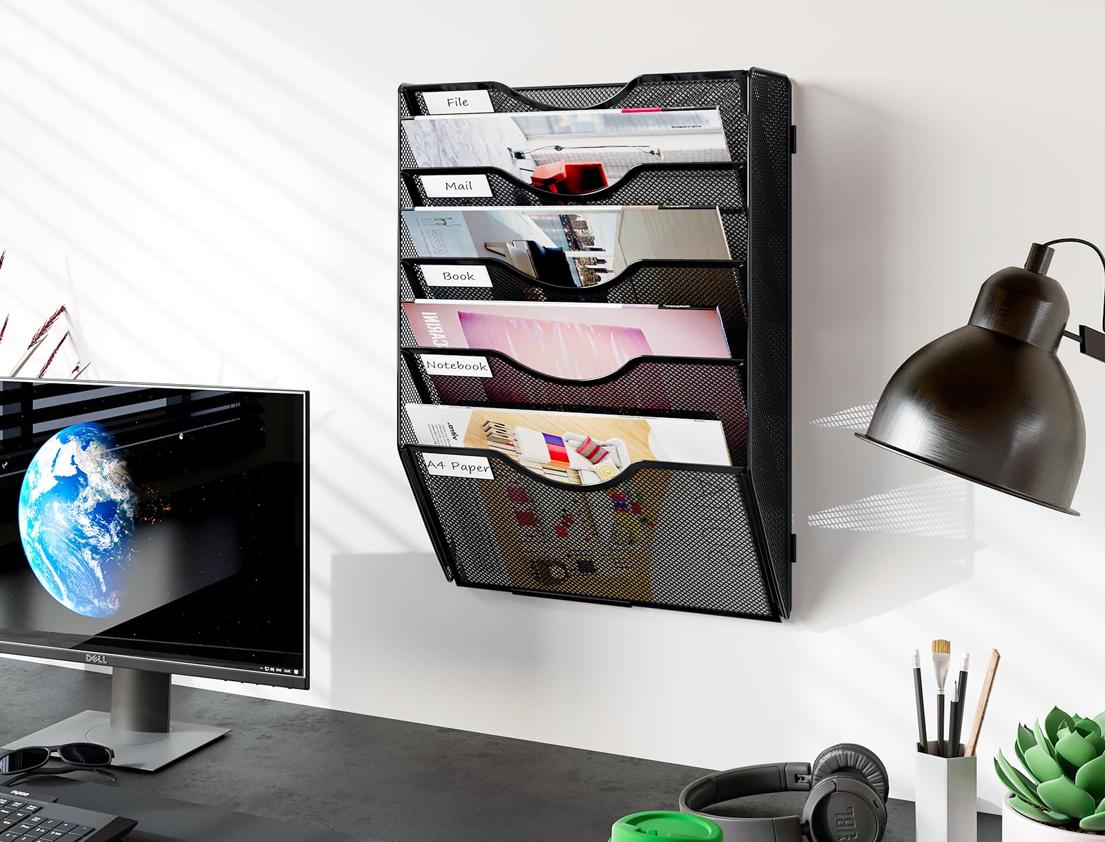 PAG-Mass Hanging Wall File Holder, 5 Tier Mail Sorter for Wall, Mesh Office Wall Organizer for