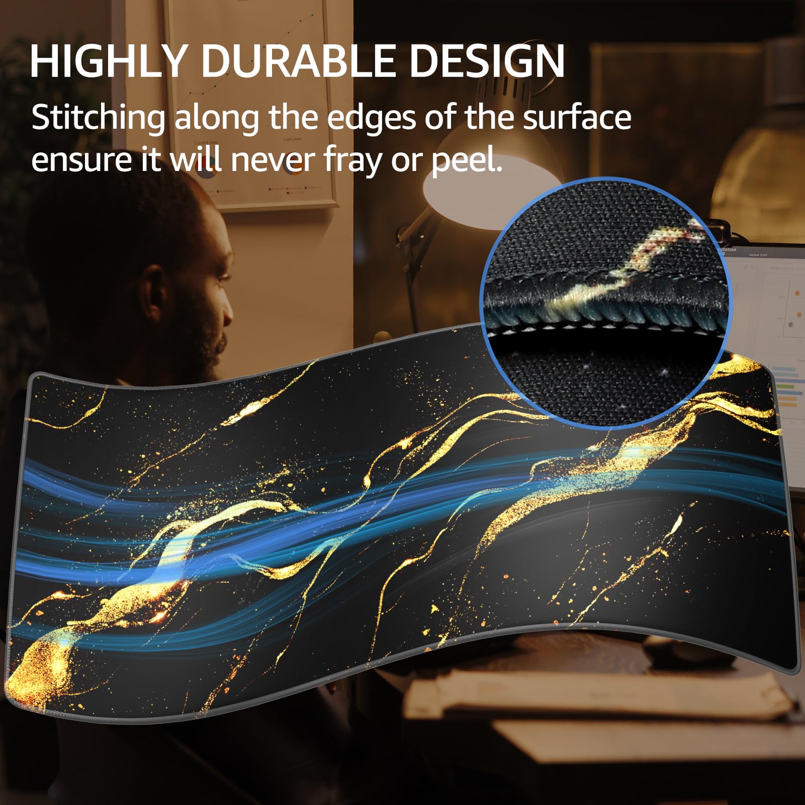 KTRIO Large Gaming Mouse Pad, Desk Mat, 31.5 x 15.7 in Black Gold, XXL
