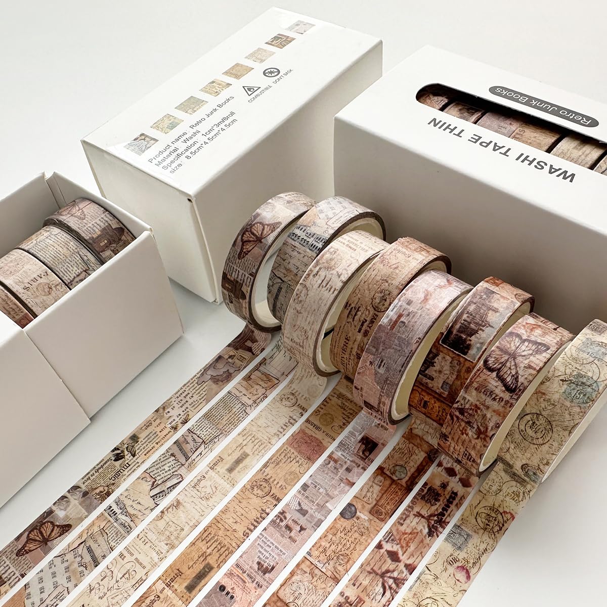 YUBX Vintage Washi Tape Set 8 Rolls Thin Retro Decorative Antique Patterns Masking Tapes for Arts
