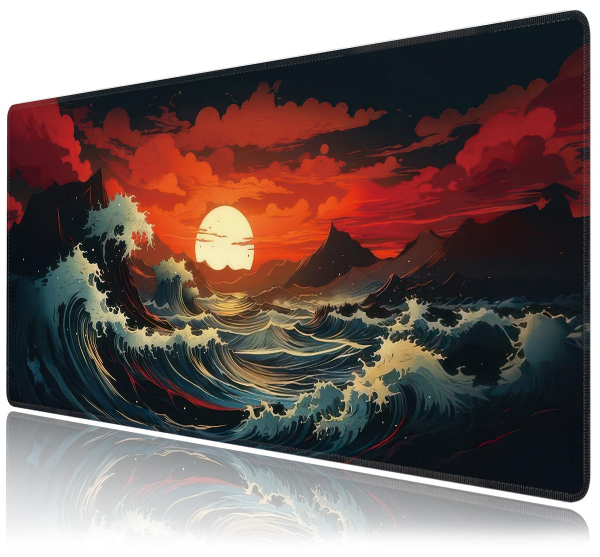 Japanese Sea Wave Large Mouse Pad,Gaming Keyboard Desk Pad,Extended Mouse Mat Non-Slip Rubber Base
