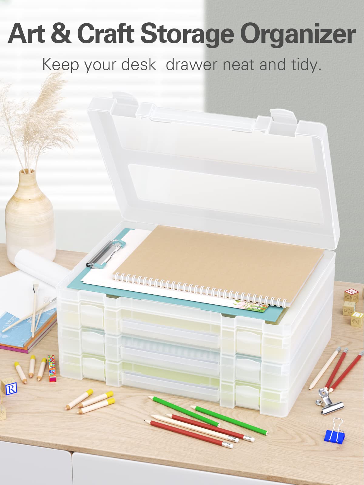Denkee Large Paper Storage Box, 4 Pack Plastic Scrapbook Paper Storage Organizer with Handle for