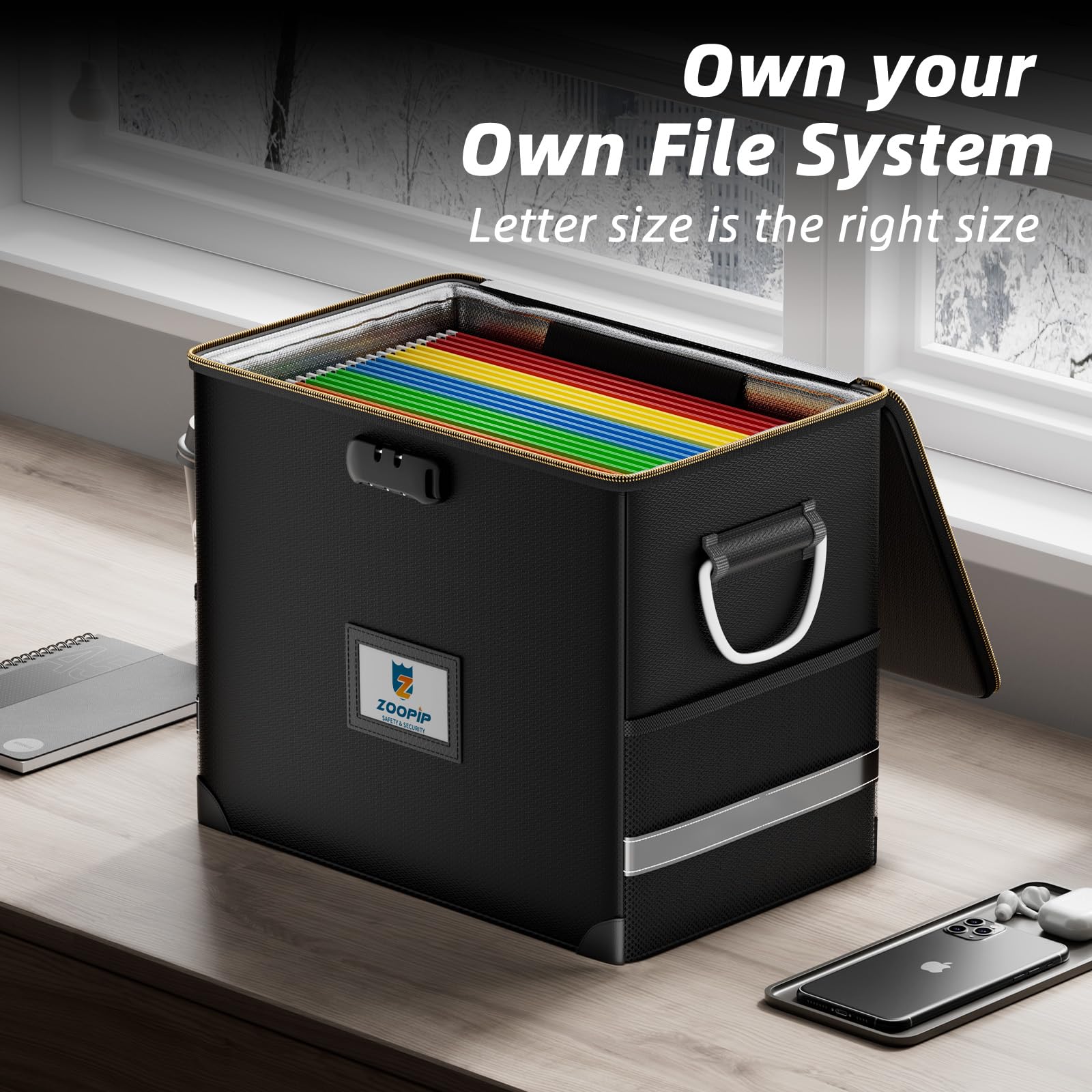 ZOOPIP Fireproof File Organizer with Lock, Hard Safe Document Box, Black