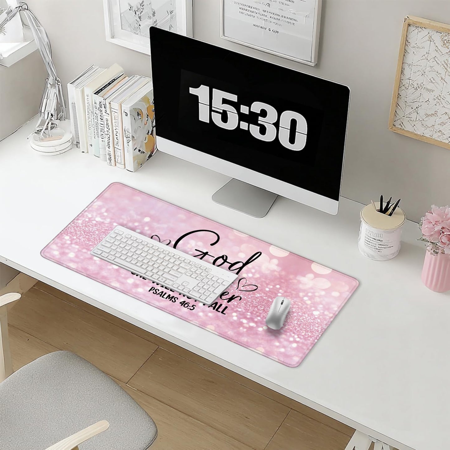 Foritho Pink Christian Mouse Pad 31.5x15.7inch, God is Within Her She Will Not Fall Bible Verse