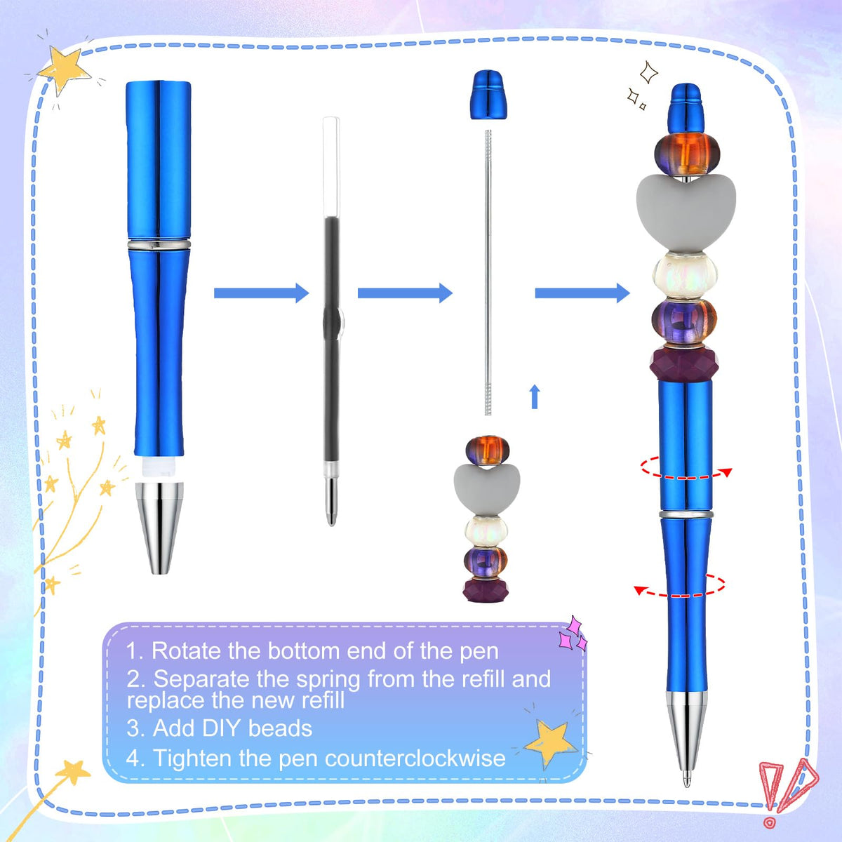 Kosiz 60 Pieces Beadable Pens Bulk Black Ink Pens,Blue Series,Simple