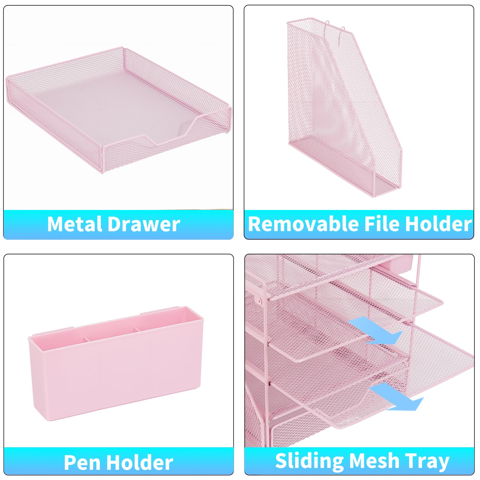Gugsey 5-Tier Desk File Organizer with Drawer & Pen Holder (Pink)