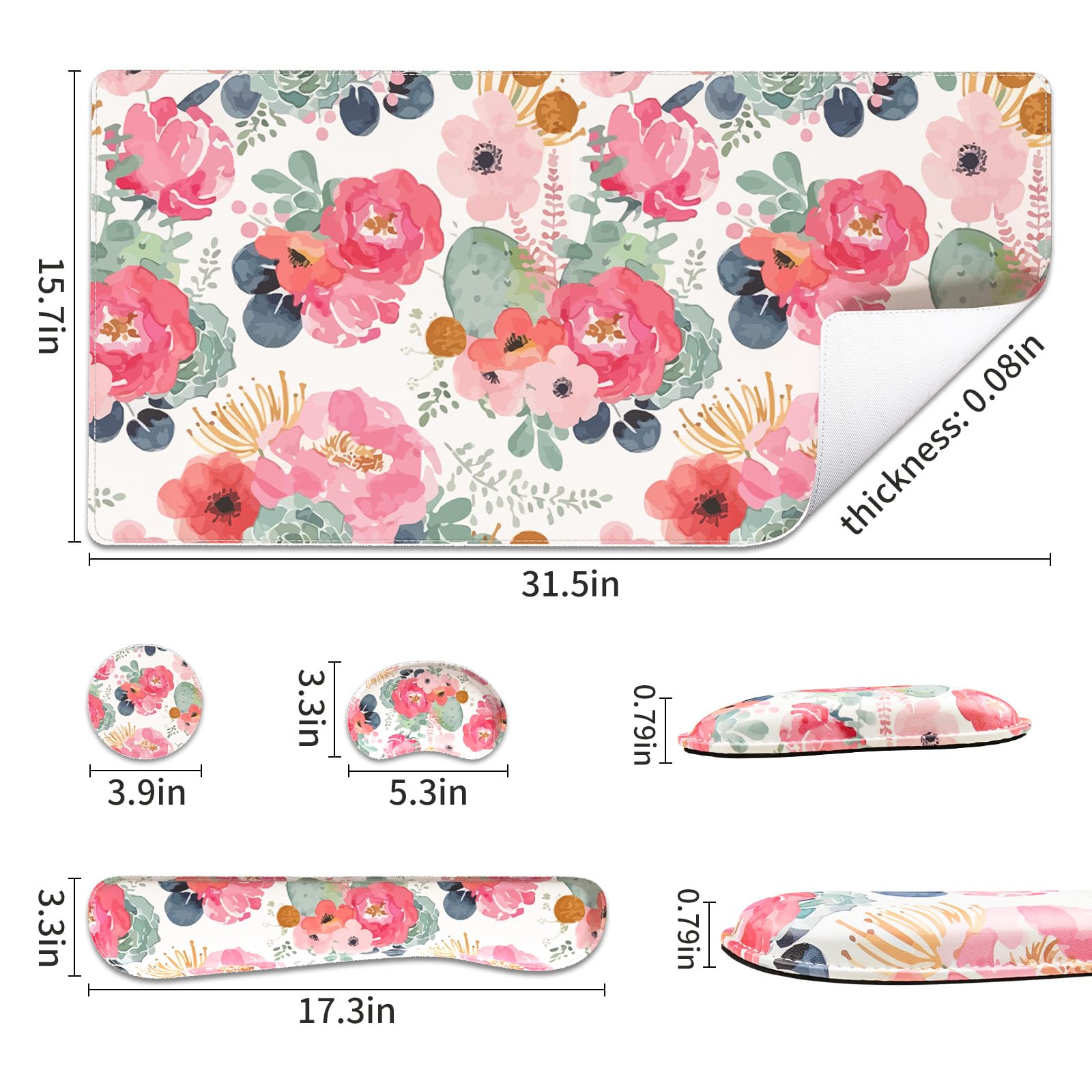 QiyI PU Leather Desk Mat Set, 4-in-1 Ergonomic Wrist Rest, Pink Flowers