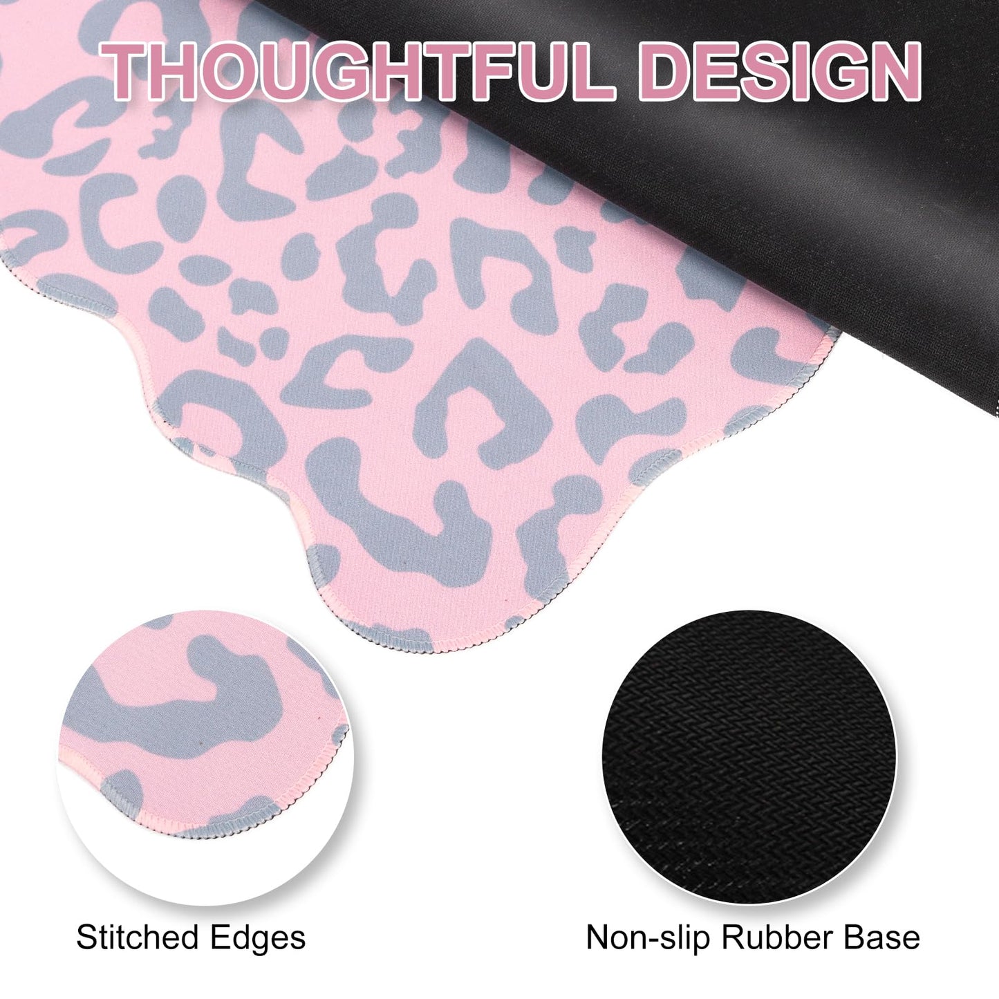 L-SPOUTTO Pink Leopard Mouse Pad,Scalloped Desk Mat XXL Large Cheetah Gaming Mousepad,35.4x15.7in