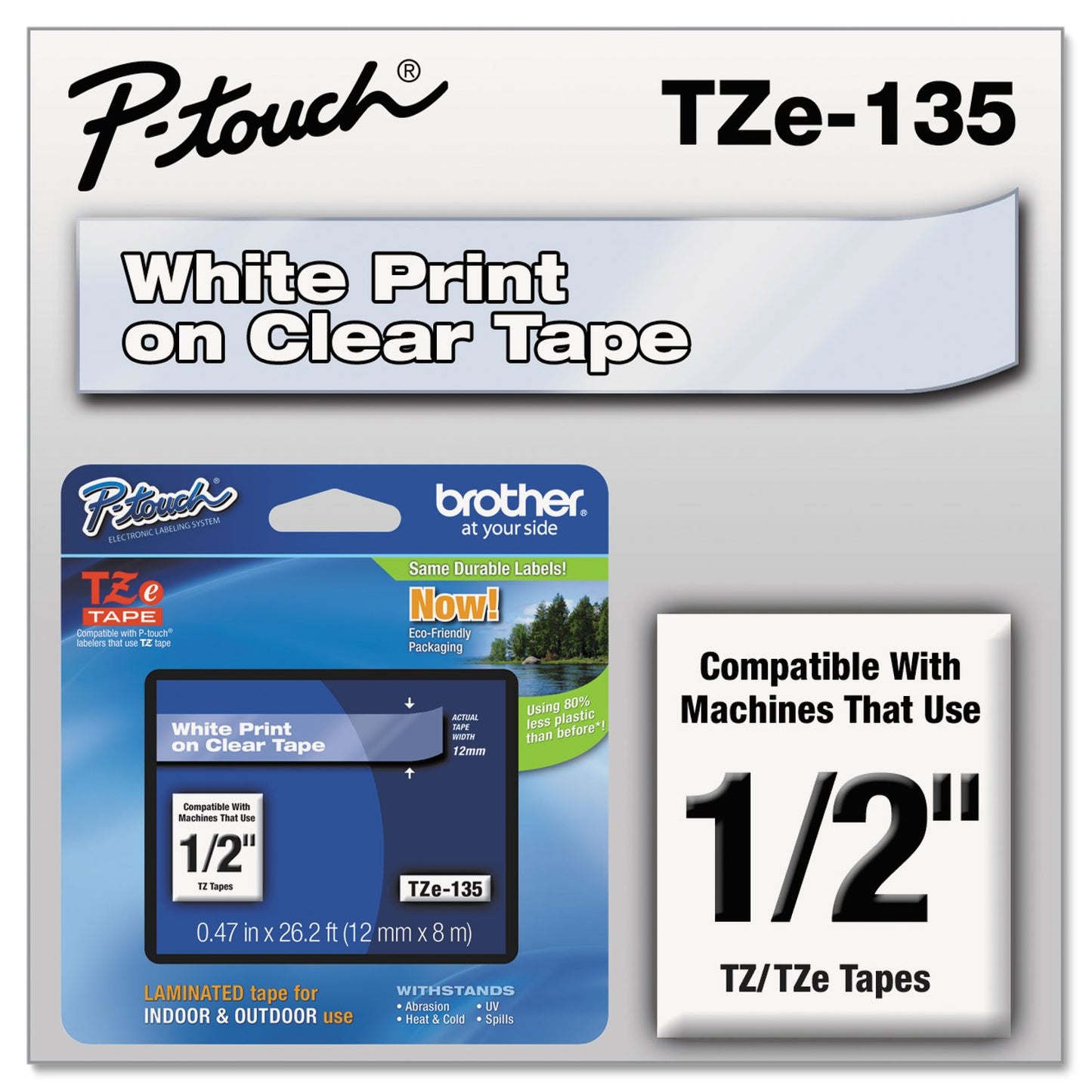 Brother Laminated Tape, Retail Packaging, 1/2 Inch, White, on Clear (TZe135)