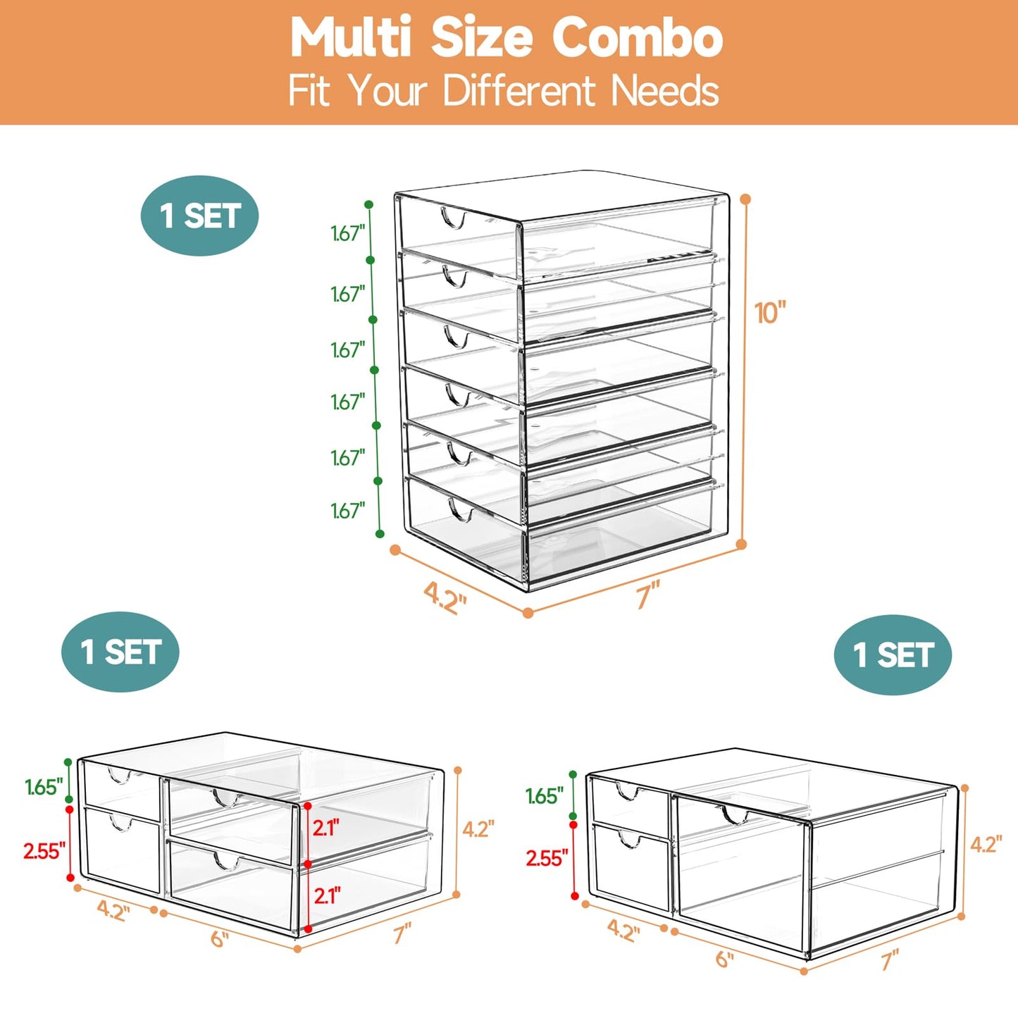 DOMNIU Acrylic Makeup Drawer Storage Organizer with 13 Drawers, 3 Set
