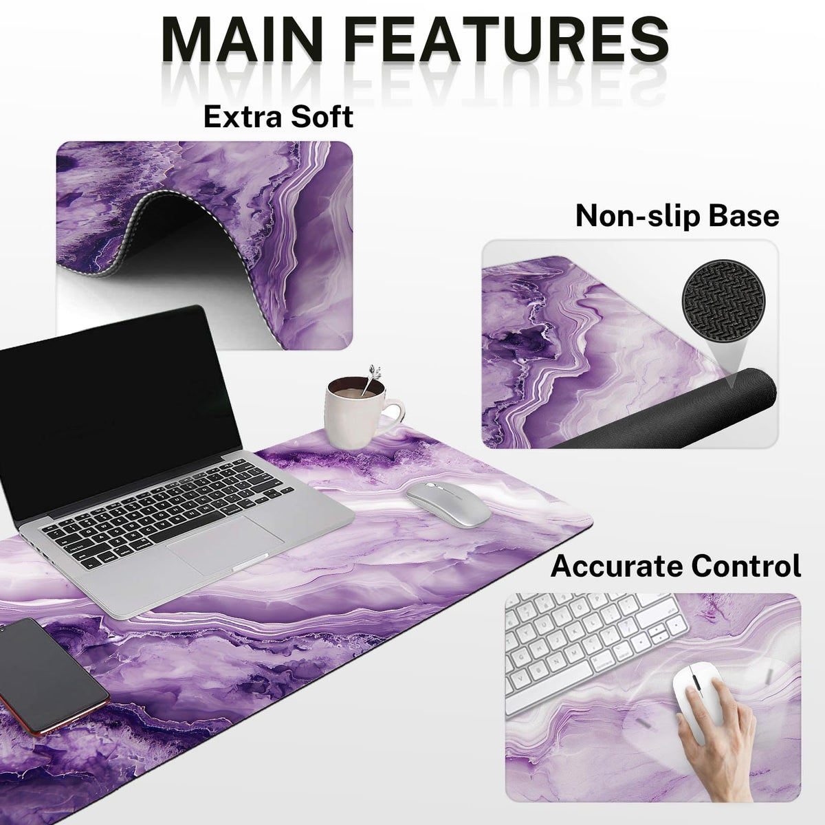 Britimes Keyboard Mouse Pad Set, 4 in 1 Desk Mat Set, Purple Pink Marble