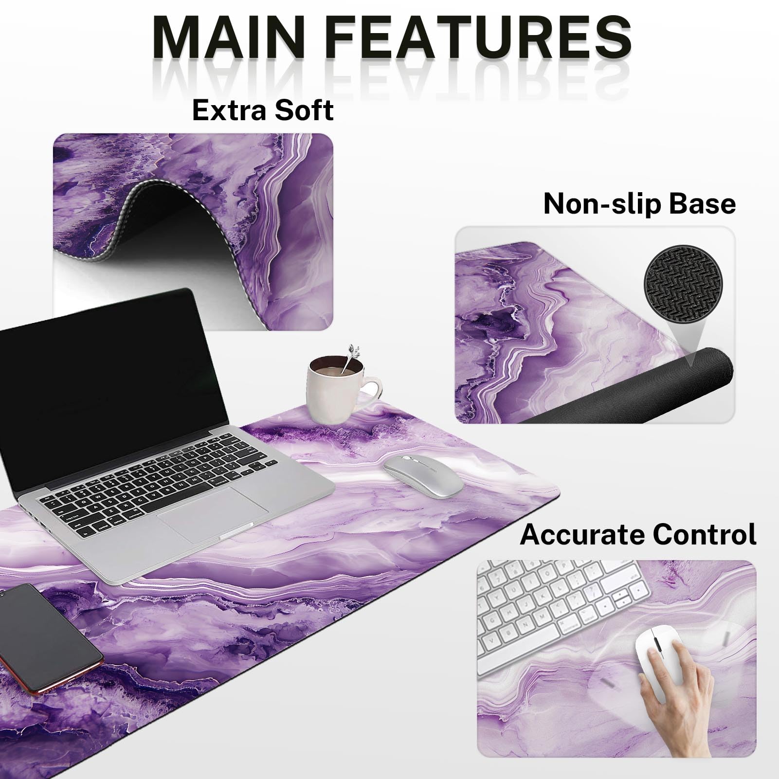 Britimes Keyboard Mouse Pad Set, 4 in 1 Desk Mat Set, Purple Pink Marble