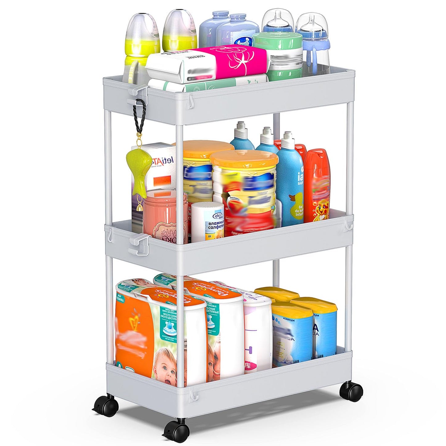 SPACEKEEPER 3 Tier Rolling Cart, Bathroom Cart Organizer with Wheels, Gray