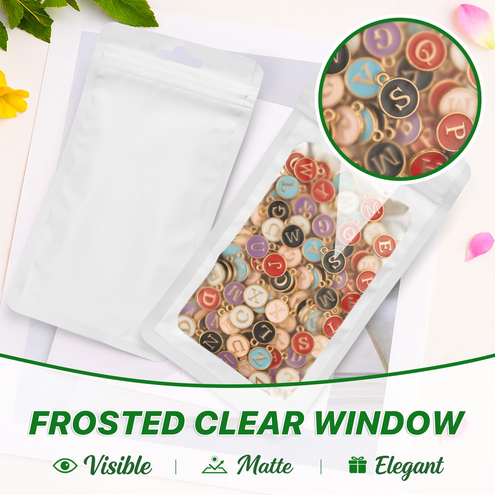 ANZNKU 100Pcs White Mylar Bags, Resealable Smell Proof Zip Goodie Baggies