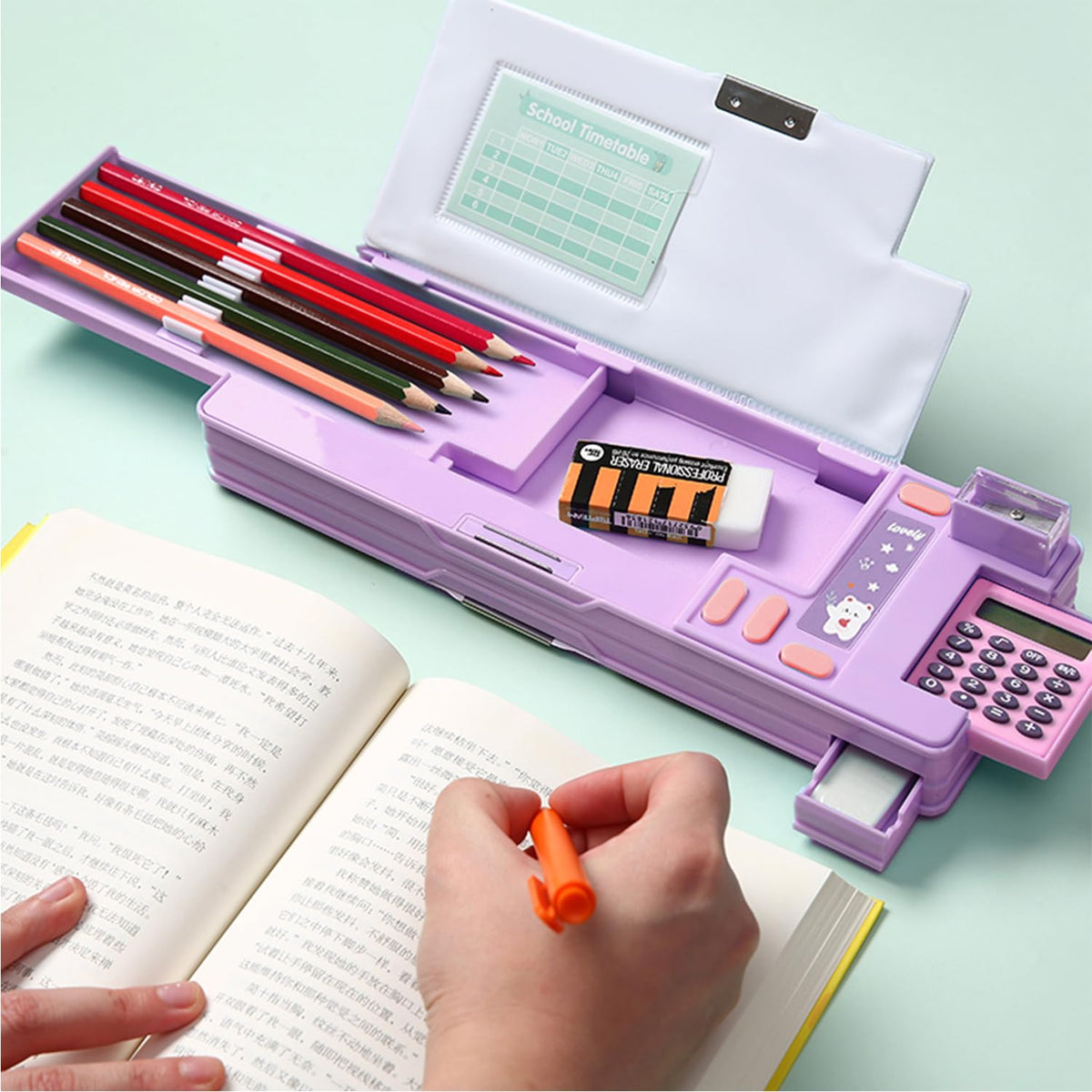 Pop Up Multifunction Pencil Case, Cute Cartoon Pen Box Organizer Stationery with Calculators