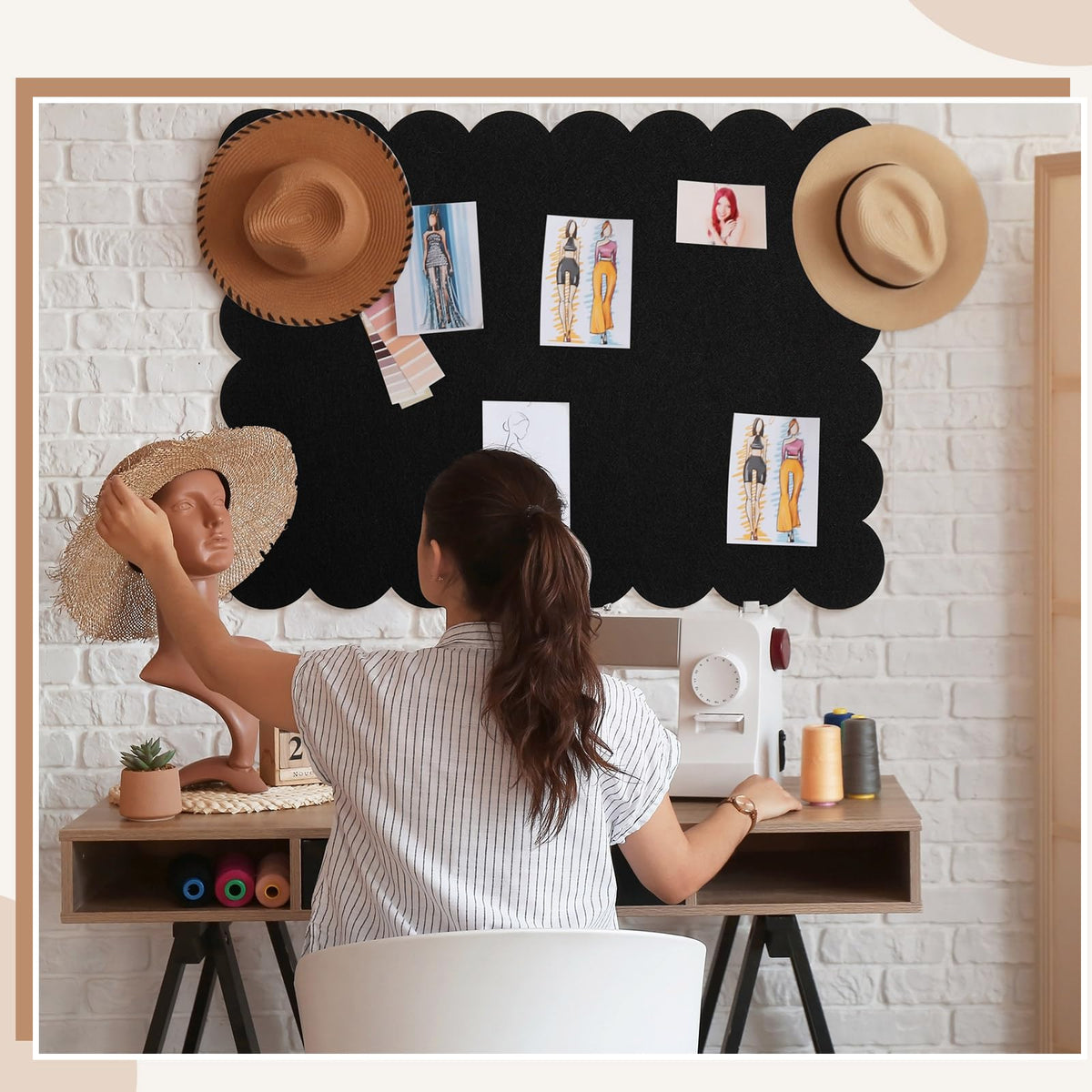 Mooliwe Scalloped Felt Bulletin Cork Board Foldable Black 36 * 24 Inch