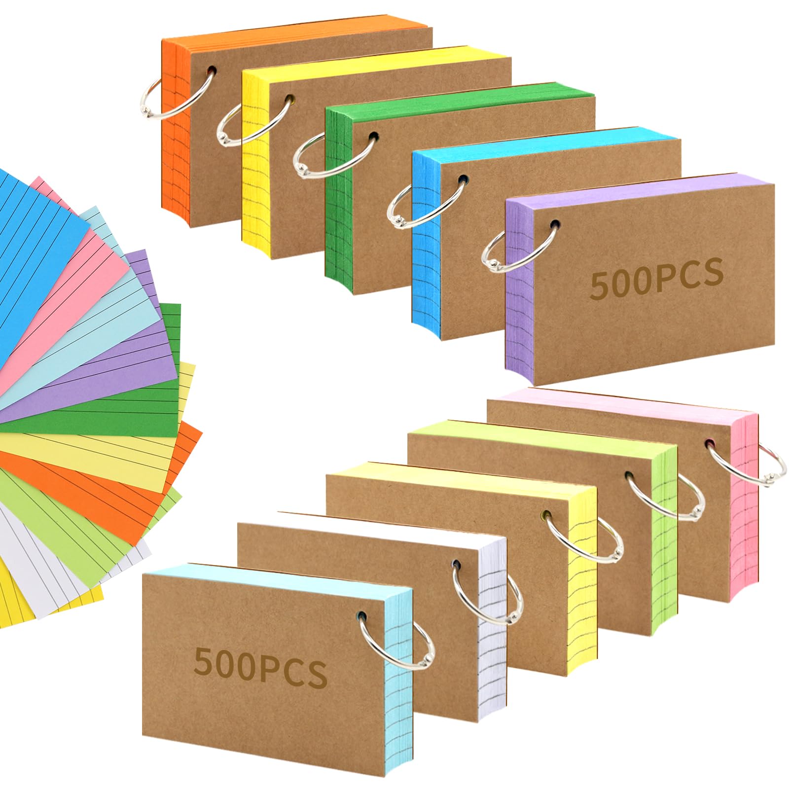 1000 PCS Index Cards 3x5 Inches Colored Flash Cards with Ring, Punched Lined Flashcards Ruled Index
