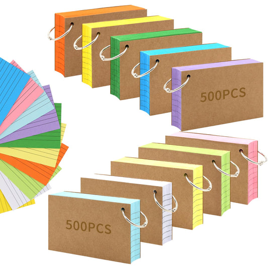 1000 PCS Index Cards 3x5 Inches Colored Flash Cards with Ring, Punched Lined Flashcards Ruled Index