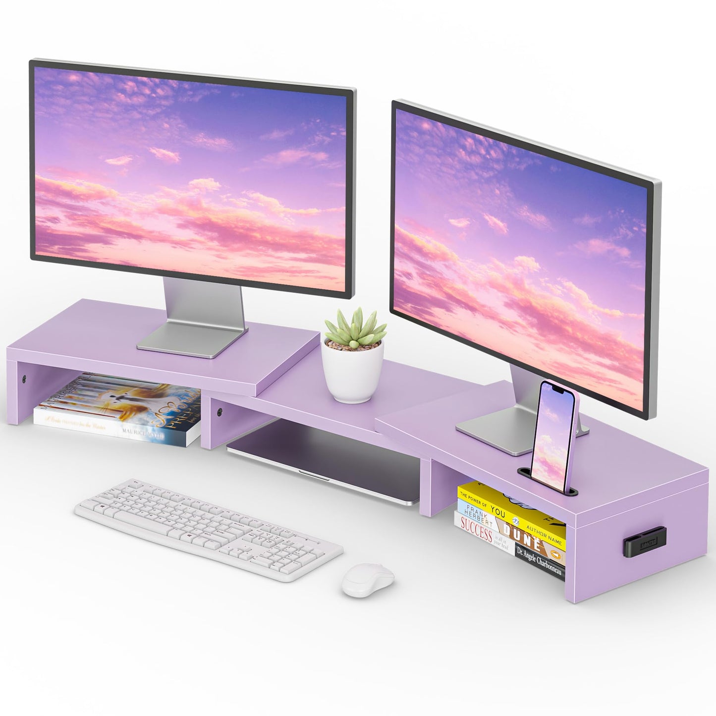BONTEC Dual Monitor Stand Riser, Adjustable Length & Swivel Angle, Purple