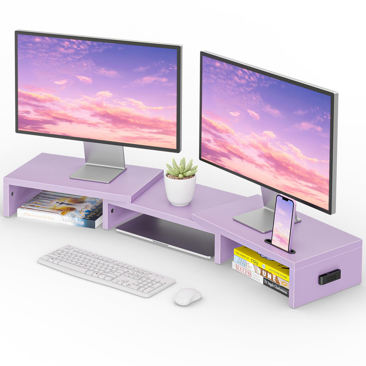 BONTEC Dual Monitor Stand Riser, Adjustable Length & Swivel Angle, Purple