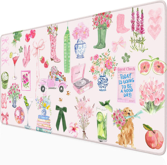 Pink Pastel Floral Desk Mat Cute Kawaii Retro Vintage XXL Large Mouse Pad Flower Desk Pad Mat
