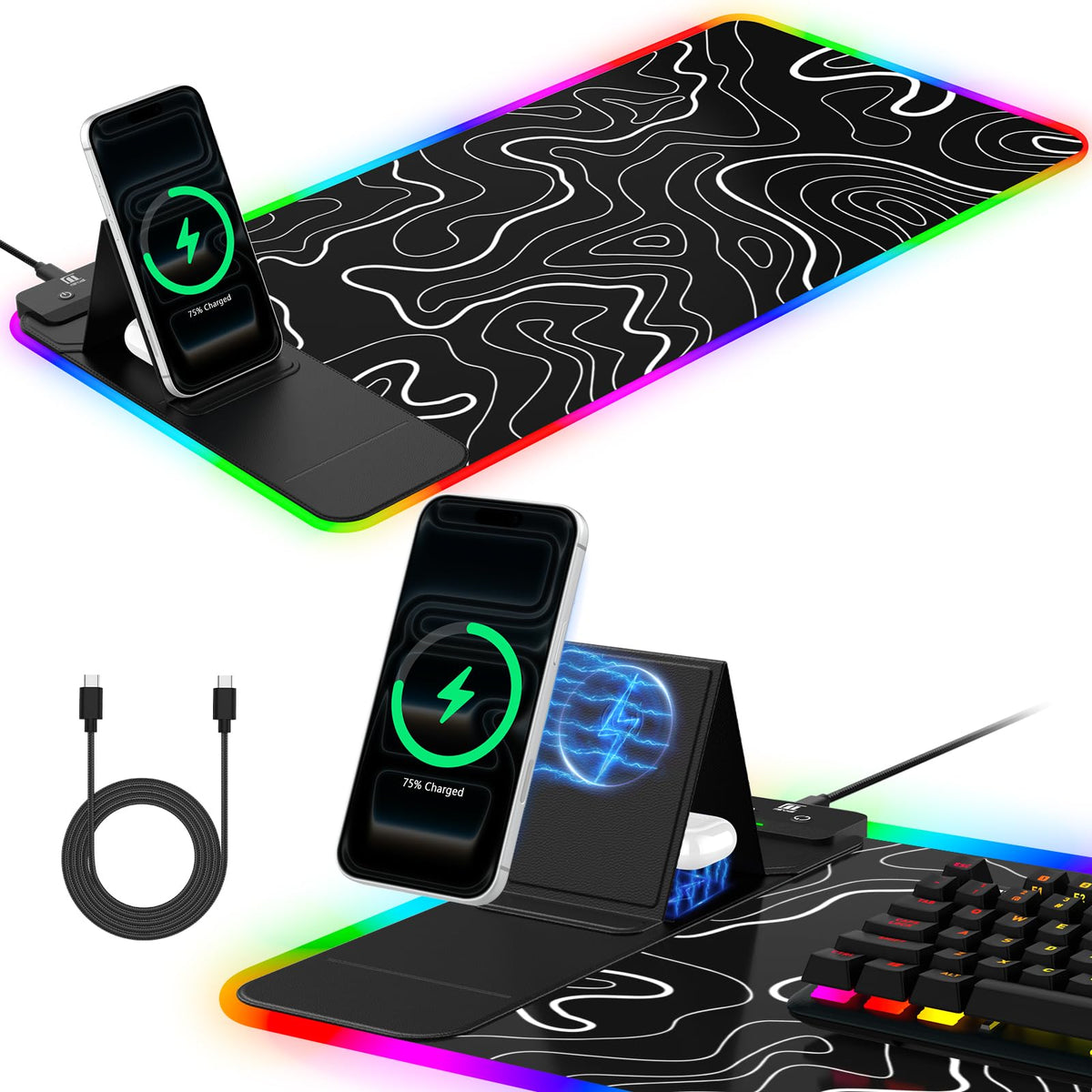 RGB Mouse Pad with Foldable Phone Stand Wireless Charger, 31.5"x11.8" XL Gaming Mousepad Large Desk