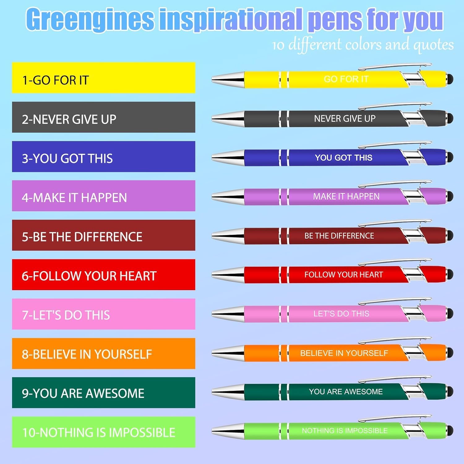 Greengines 20 PCS Inspirational Pens Bulk with Stylus Tip Gifts Black Ink