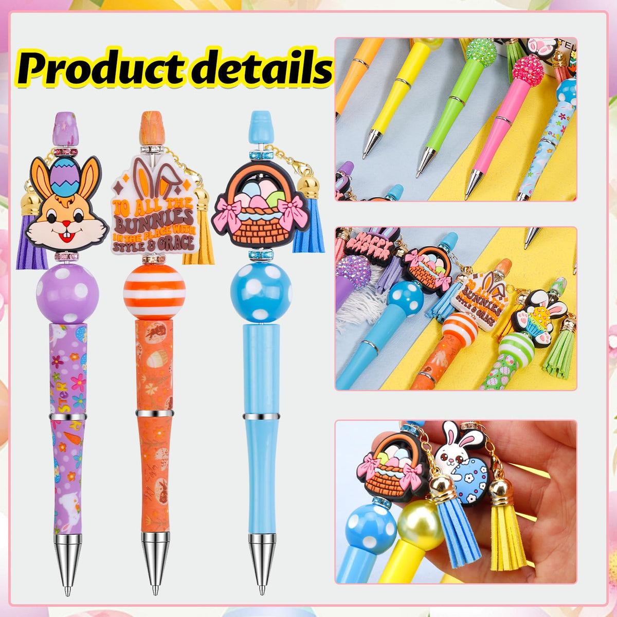 Japior 12 Sets Easter Beadable Pens DIY Pen Making Kit with Bubblegum Beads Silicone Focal Beads