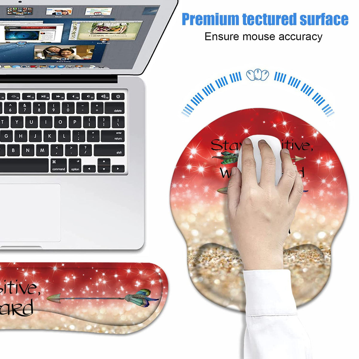 Keyboard Wrist Rest + Mouse Pad Wrist Support Set with Coasters, Stay Positive Work Hard and Make