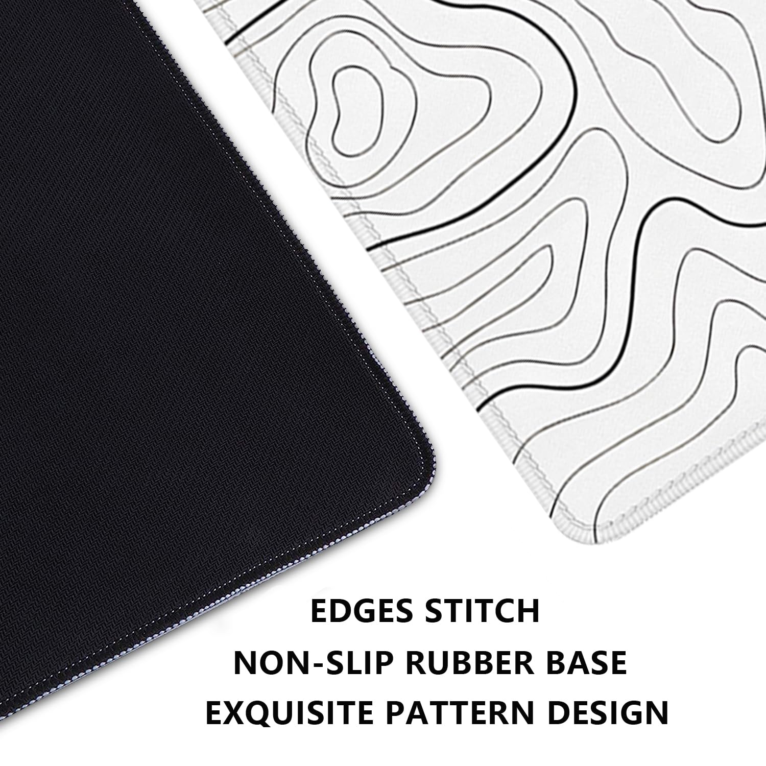 White Topographic Mouse Pad,Gaming Desk Pad with Stitched Edges Non-Slip Rubber Base Extended XL
