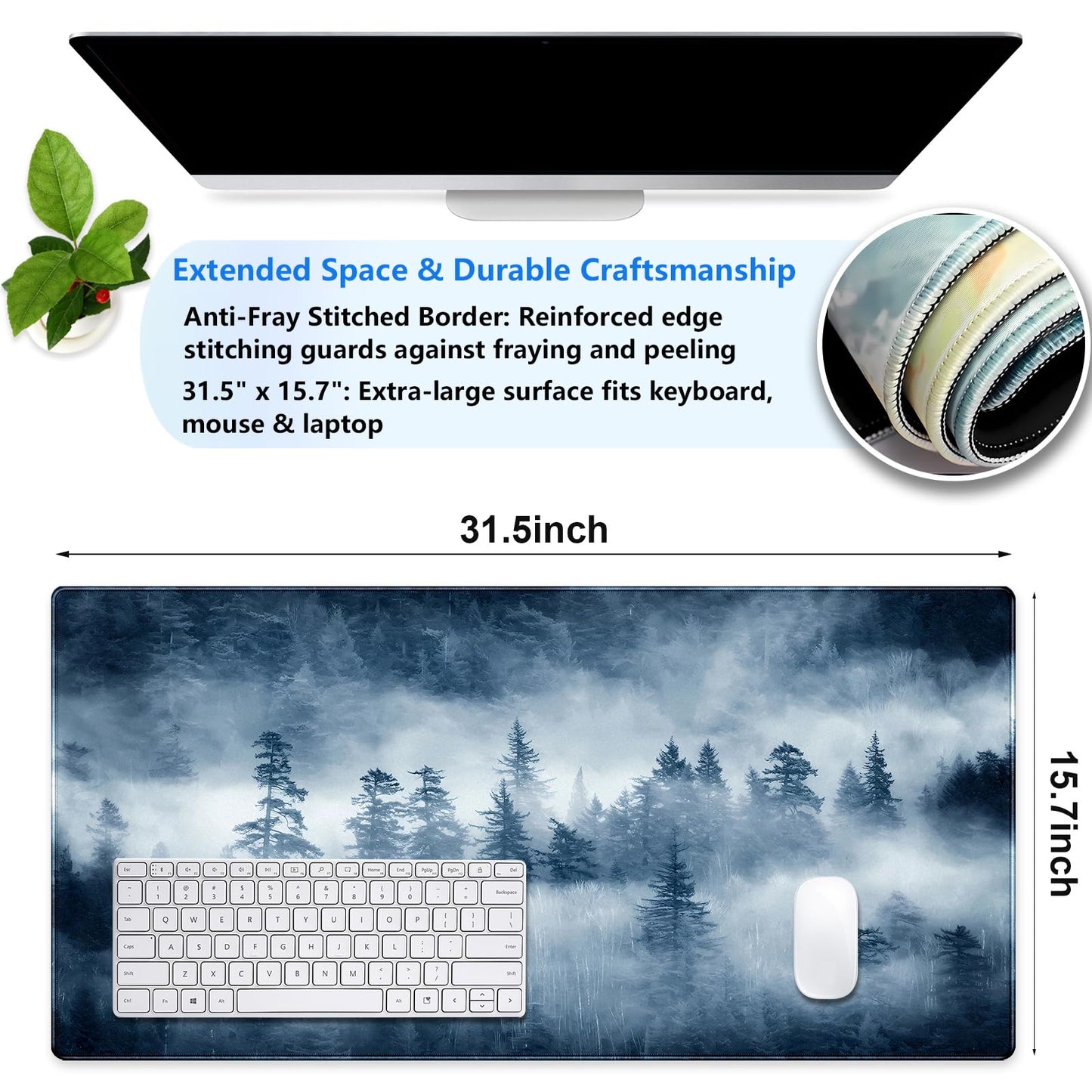 Misty Forest Desk Mat, Pine Tree Large Gaming Mouse Pad 31.5x15.7 in