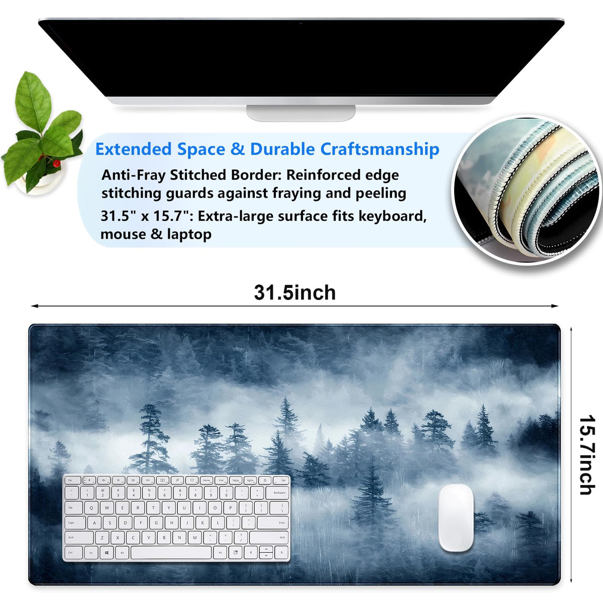 Misty Forest Desk Mat, Pine Tree Large Gaming Mouse Pad 31.5x15.7 in