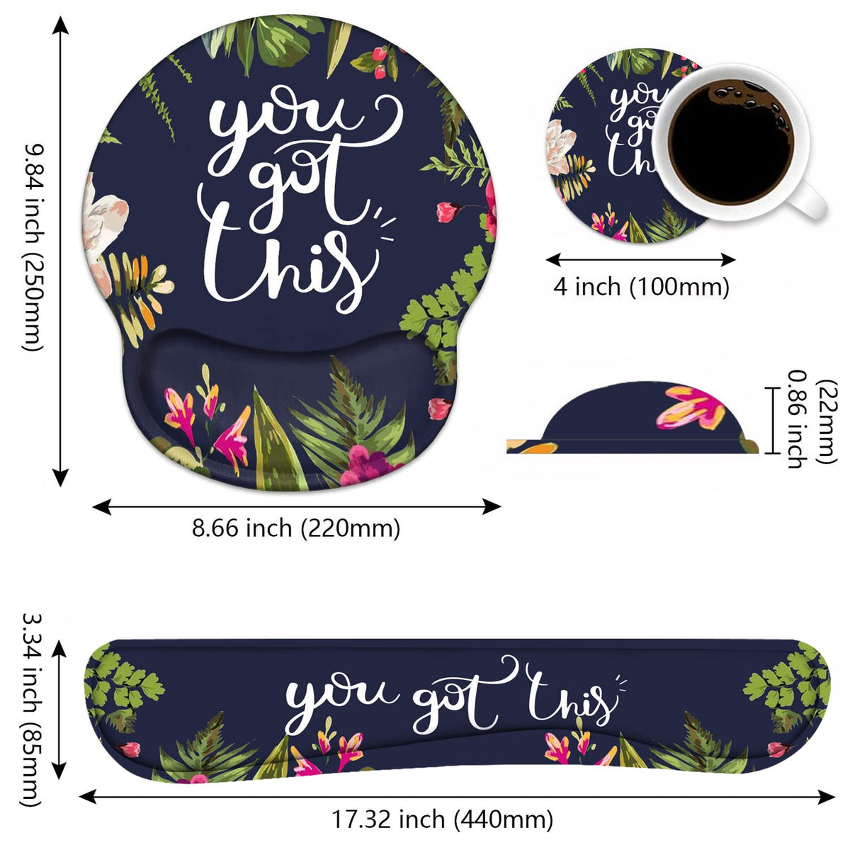 Keyboard Wrist Rest and Mouse Pad Wrist Support Set with Coasters, You Got This Inspirational Quote