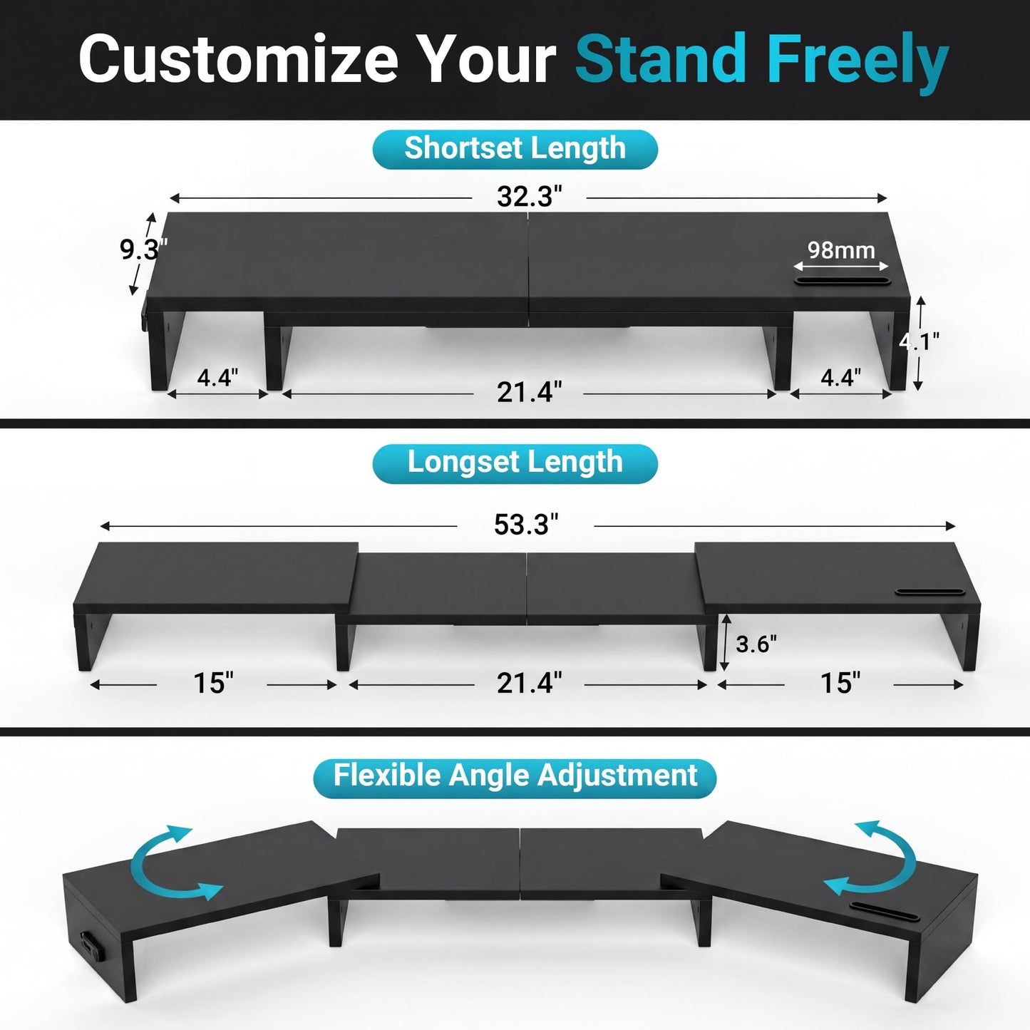 BONTEC Triple Monitor Stand Riser with Smartphone Holder, Black