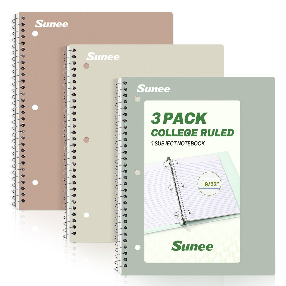 SUNEE Spiral Notebooks, 3 Pack, 1-Subject, College Ruled Paper, 8" x 10-1/2", 70 Sheets per