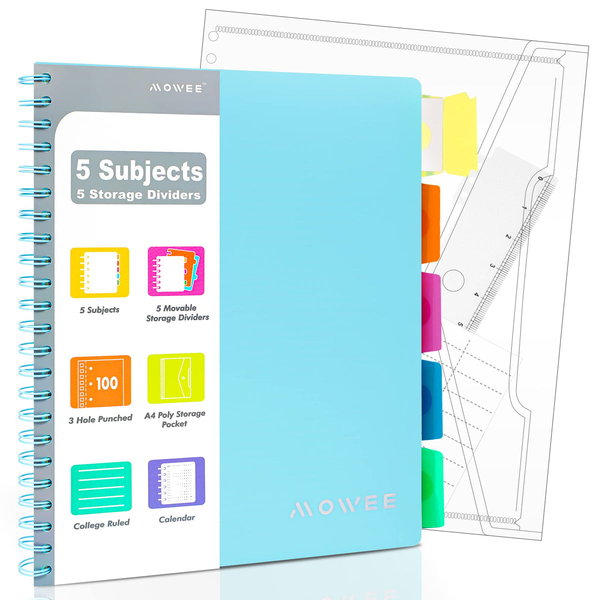 MOWEE Spiral Notebook - 5 Subject Notebook, College Ruled Notebook 3-Hole Punched With Dividers