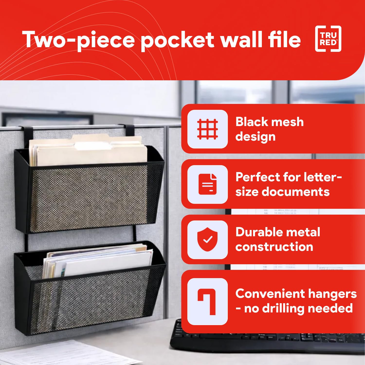 Staples TRU RED Mesh Letter Wall File, 1 - Pocket Hanging Organizer, Black, 2-Pack - Wall - Mounted