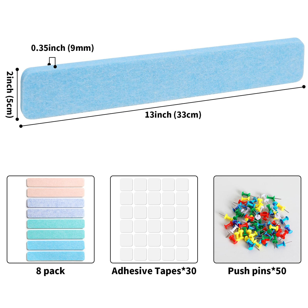 Cork Board Felt Bulletin Board 8-Pack with 50 Push Pins for Paste Notes, Photos, Schedules