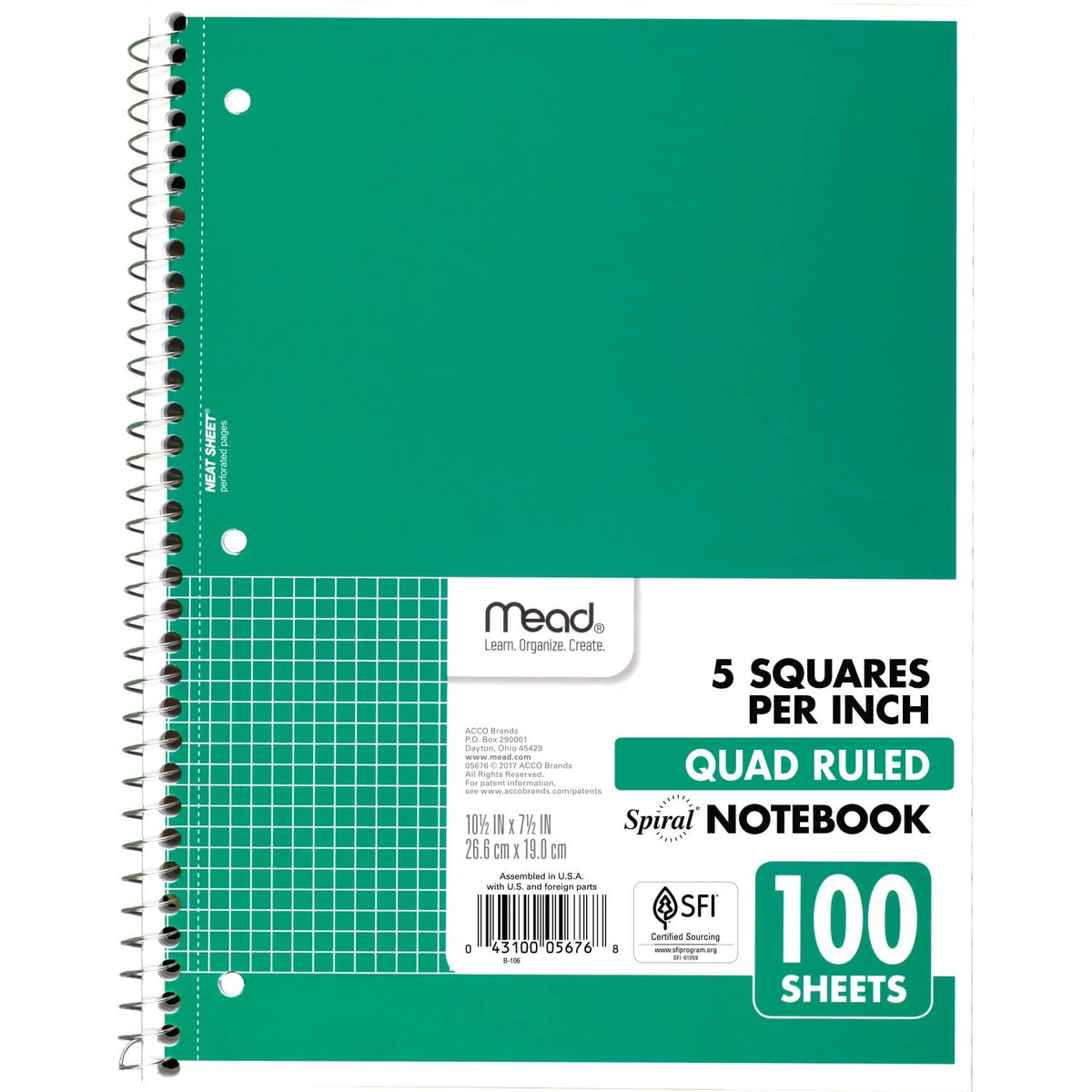 Mead Spiral Notebook, 1-Subject, Graph Ruled Paper, 7-1/2" x 10-1/2", 100 Sheets, Color Will Vary
