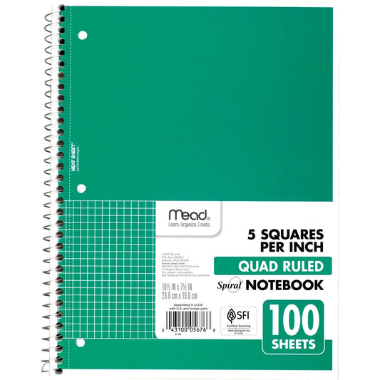 Mead Spiral Notebook, 1-Subject, Graph Ruled Paper, 7-1/2" x 10-1/2", 100 Sheets, Color Will Vary