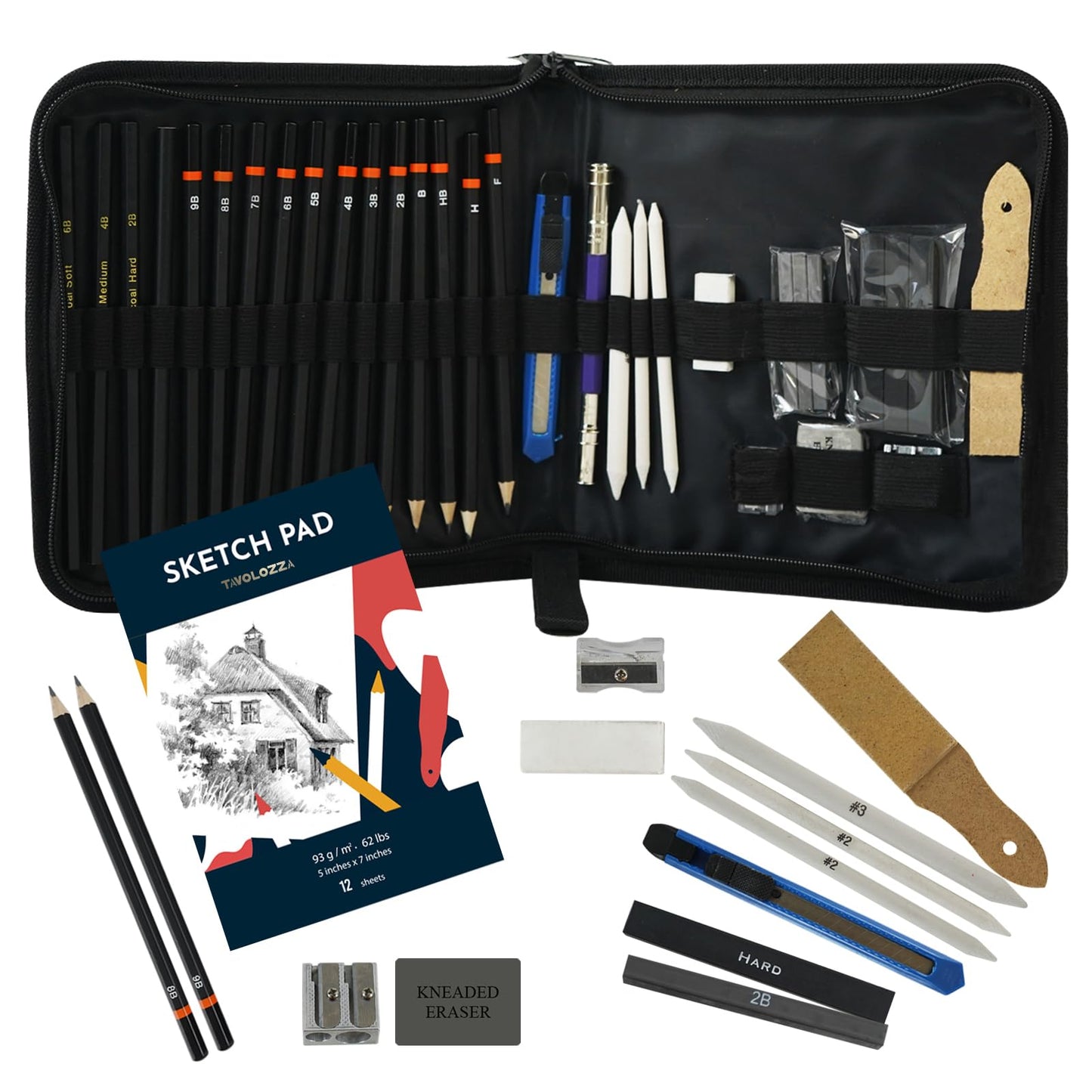 Tavolozza Drawing Art Pencils Set, 34 Pack Professional Drawing and Sketch Pencil Set in Soft-Sided