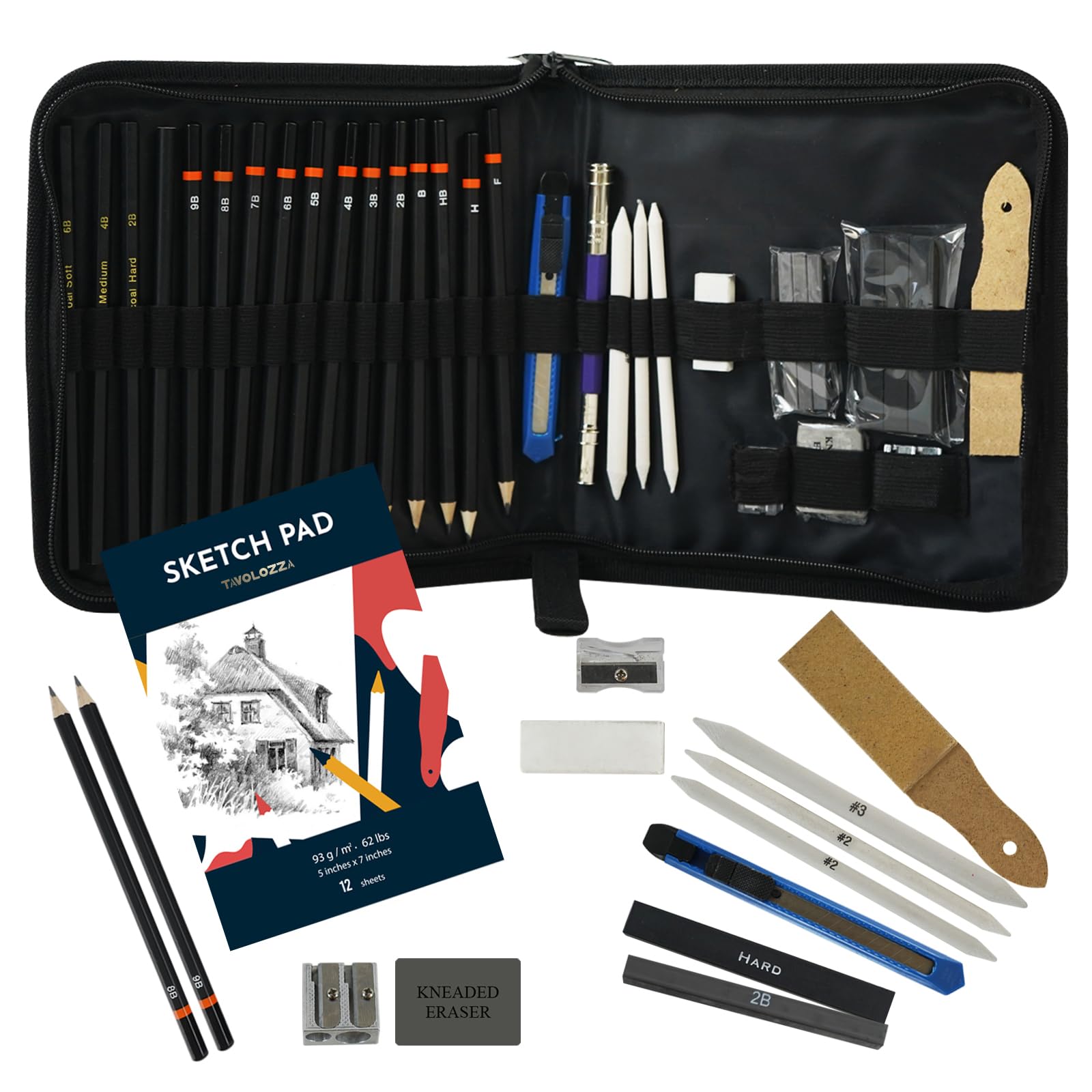 Tavolozza Drawing Art Pencils Set, 34 Pack Professional Drawing and Sketch Pencil Set in Soft-Sided