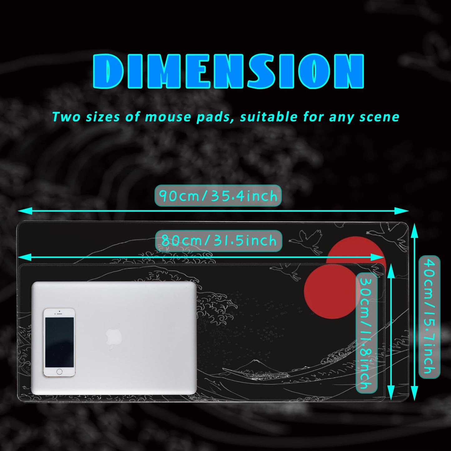 Desk Mat, Black Japanese Style Wave and Red Sun Extended Gaming Mouse Pad Large, 35.4"x15.7" Big