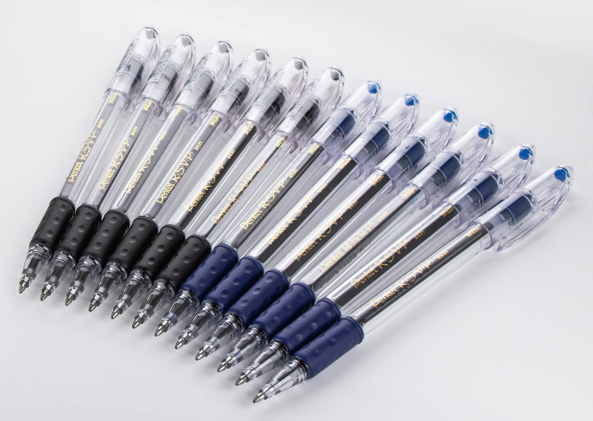 Pentel RSVP Medium Point Pens - 1.0mm - 12 Pack of 6 Black & 6 Blue Ballpoint Pens