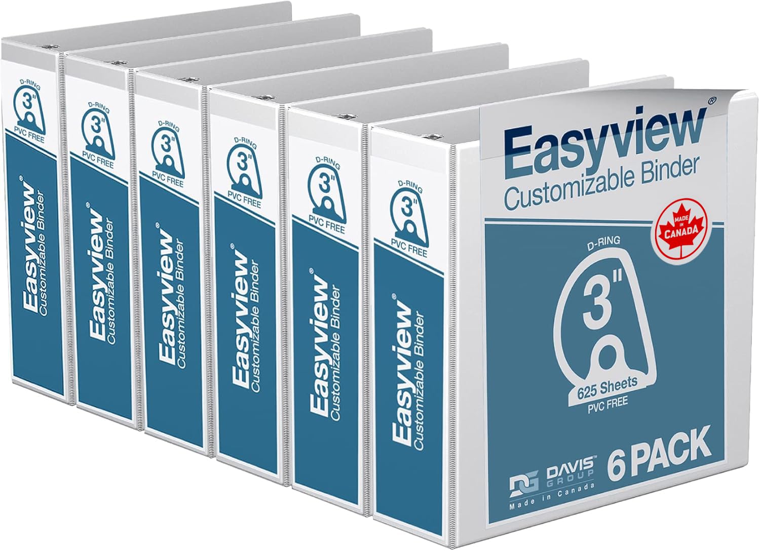 Easyview 3-Ring Binder, Clear-View Cover, 3" D Rings, White, 6 Pack
